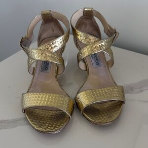 Jimmy Choo ChiaraGold Metallic Textured Leather Sandals - 39.5 Size